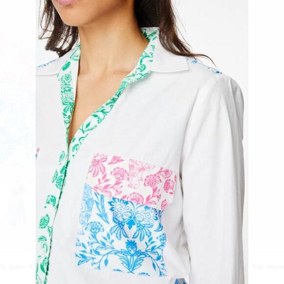 Roller Rabbit Aitona Long Sleeve Collar Poplin Button Down White Print Shirt XS - Picture 2 of 8